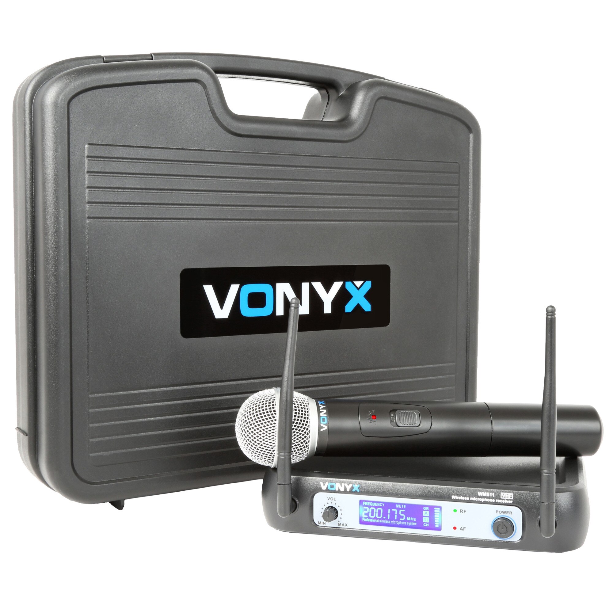 Microfon de mana VHF cu receptor si cutie de transport, Vonyx WM511