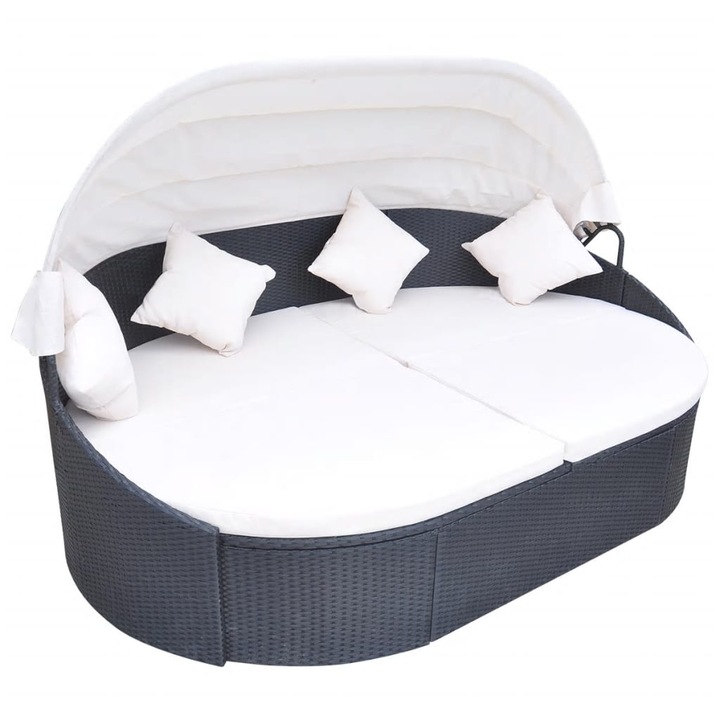 Градинско лаундж легло със сенник vidaXL, полиратан, черно, 230х145х80 см