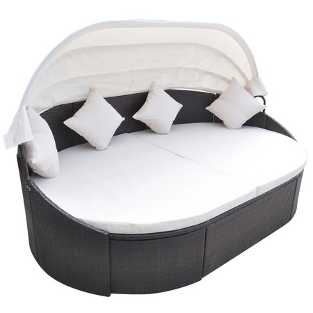 Sezlong din poliratan cu parasolar cu saltea si perne, vidaXL, Maro, 230 x 145 x 80 cm
