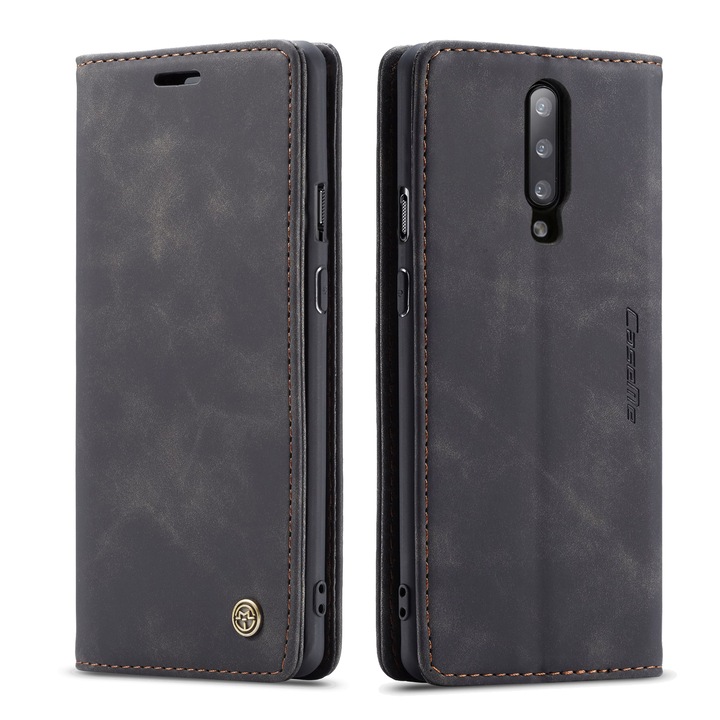 Husa slim piele, tip portofel, stand, inchidere magnetica, textura catifelata, pentru OnePlus 7 Pro, CaseMe, Negru
