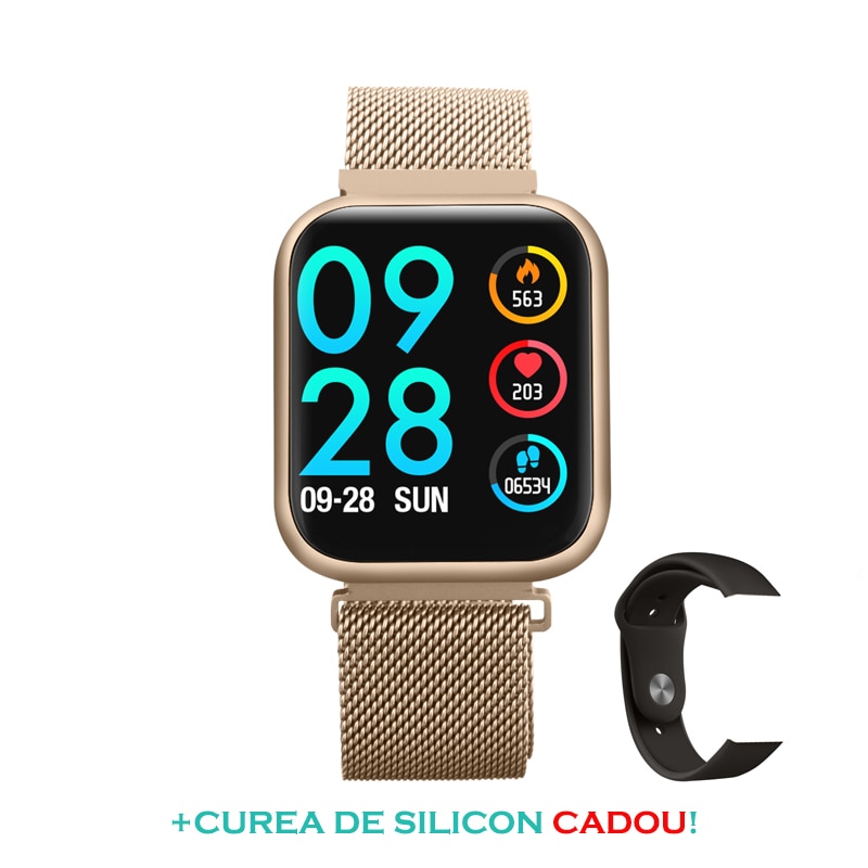 Ceas Smartwatch P80, curea metalica si de silicon inclusa, Full Color OLED display,Notificari Apeluri/SMS/Whatsapp/Facebook, rezistenta la apa IP68, Monitorizarea inimii, 8 Moduri Sport, Interfete multiple, Remote camera and music, Gold