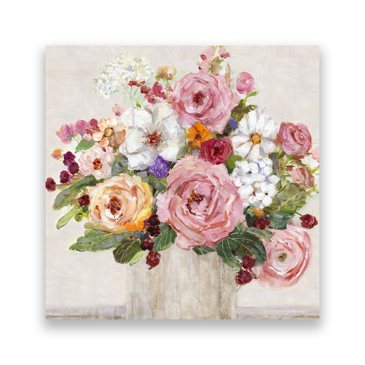 Virágcsokor, Váza, Rózsaszín, Fehér, Bézs, Festmény - Vászonkép, 60 x 60 cm