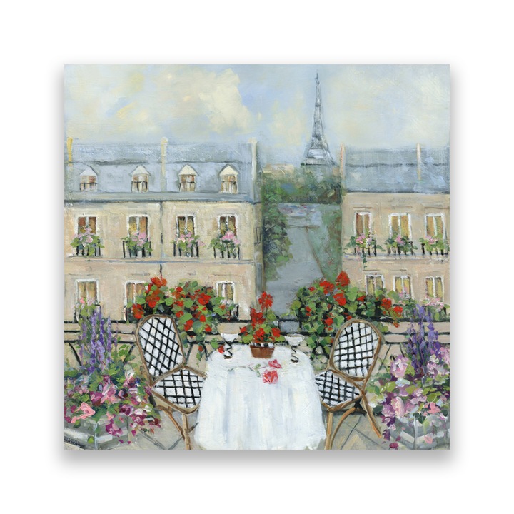 Tablou Canvas - Paris, Oras, Cladiri, Terasa, Flori, Vara, Romantic, Pictura, 100 x 100 cm