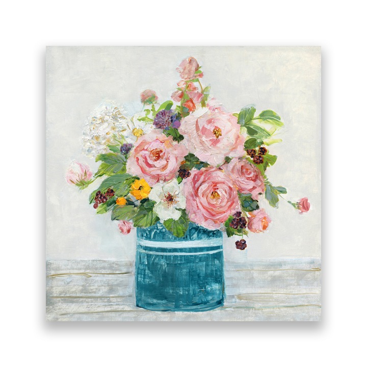 Tablou Canvas - Floral, Flori, Bujori, Buchet, Vaza, Pictura, Roz, 60 x 60 cm