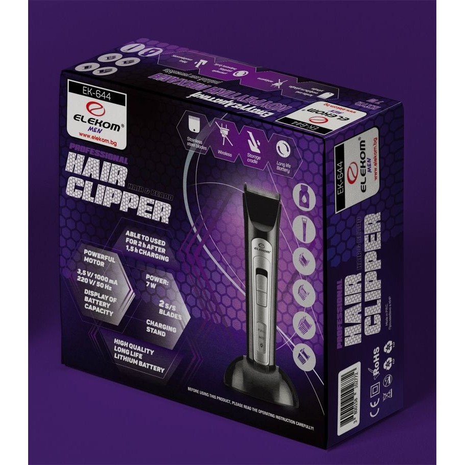 Trimmer Elekom, 7W, 5000-6000 RPM, Pieptene 3/6/9/12 mm, Inox, Afisaj nivel baterie, Negru/Argintiu