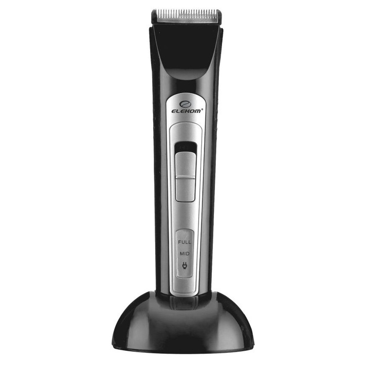 Trimmer Elekom, 7W, 5000-6000 RPM, Pieptene 3/6/9/12 mm, Inox, Afisaj nivel baterie, Negru/Argintiu