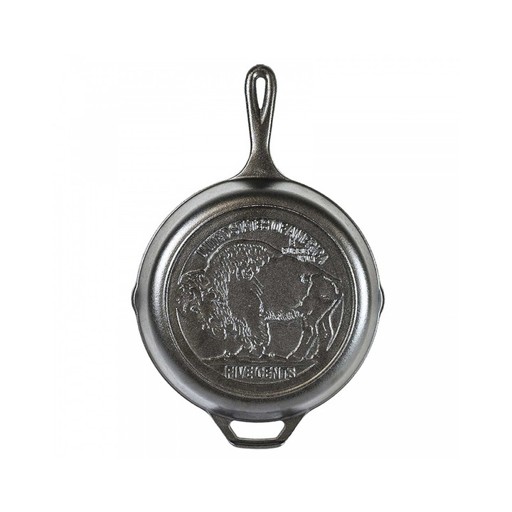 Lodge mély kerek öntöttvas serpenyő fogantyúval és Buffalo Nickel Lodge logóval, 26 cm