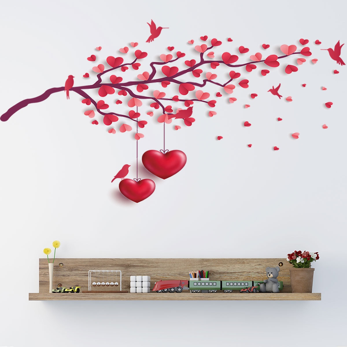 Sticker decorativ model AN 2027 flori si inima, Rosu, 90 cm x 30 cm ...