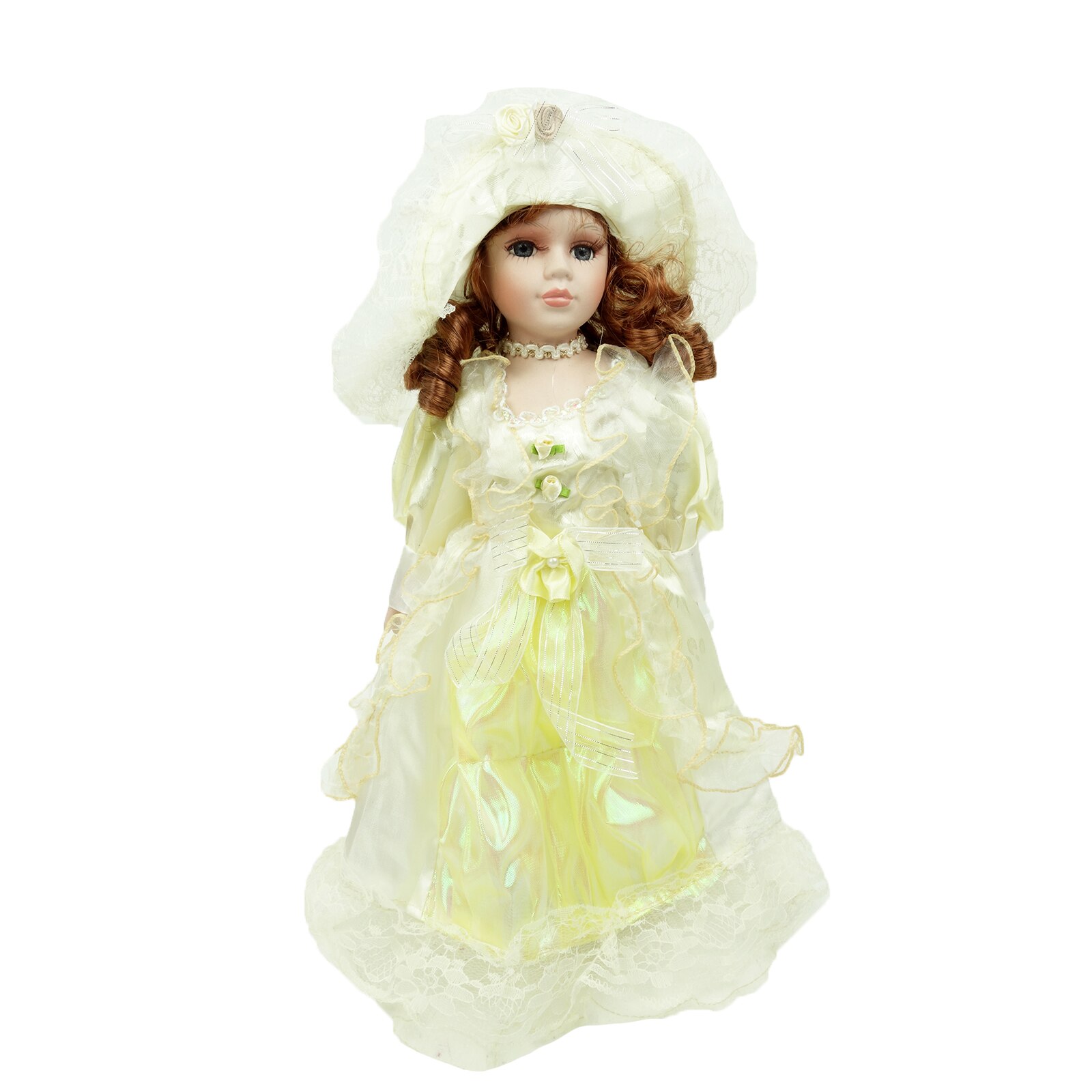 Papusa de colectie, Portelan, Rochie Vintage, galben/crem, 40 cm