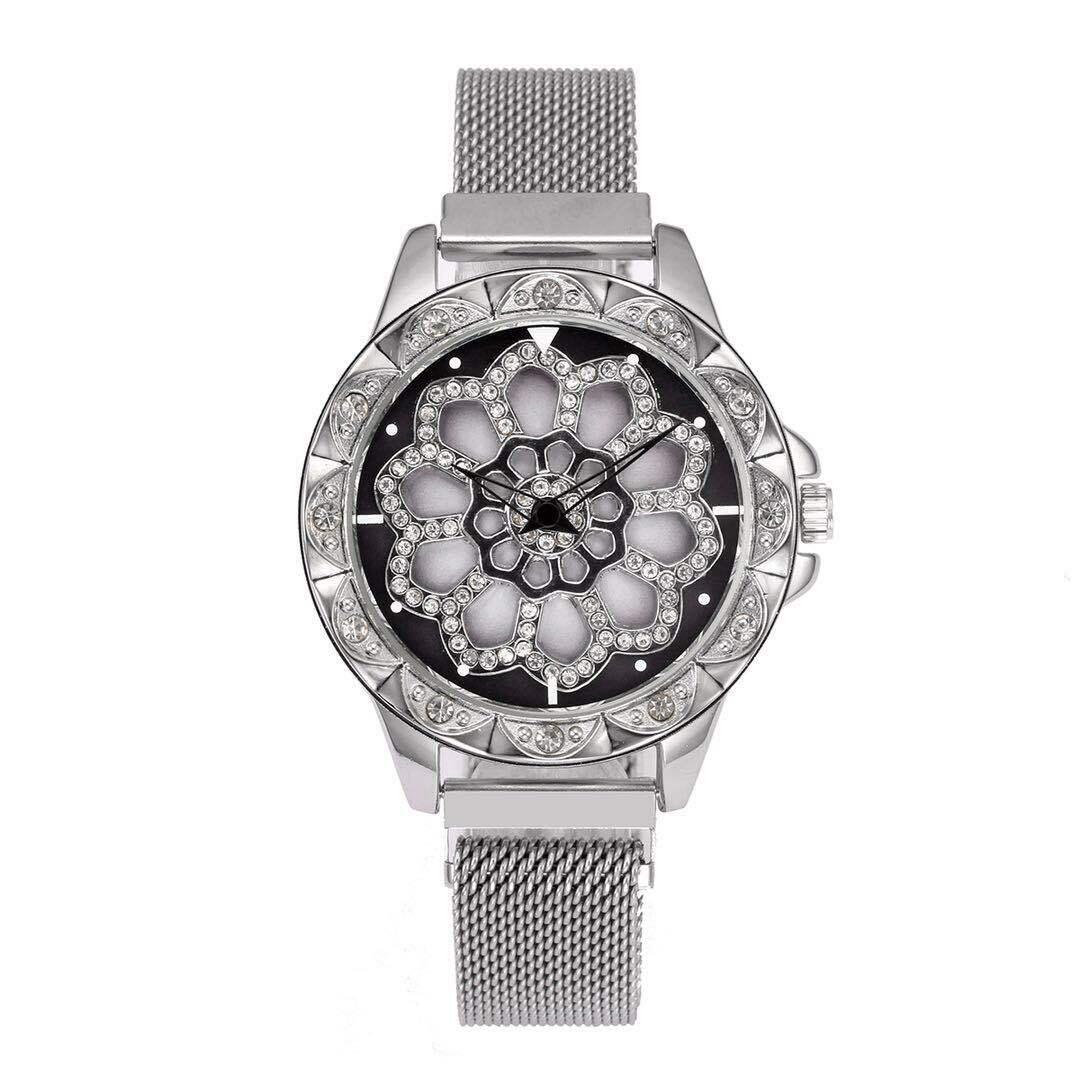 Ceas de dama Quartz, cadran rotativ, bratara magnetica, Argintiu