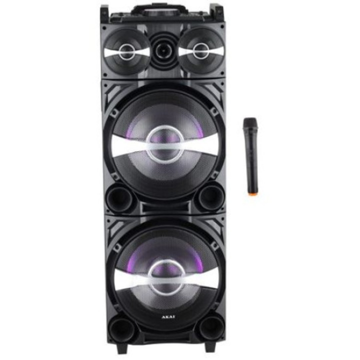 Boxa audio activa AKAI cu Efect DJ , Portabila , Putere 80 W,Conectivitate prin Bluetooth, Tehnologie Display LCD, 2 x woofer 12 inch + tweeter 1 inch + 3 inch,Sistem troller, Microfon, Negru