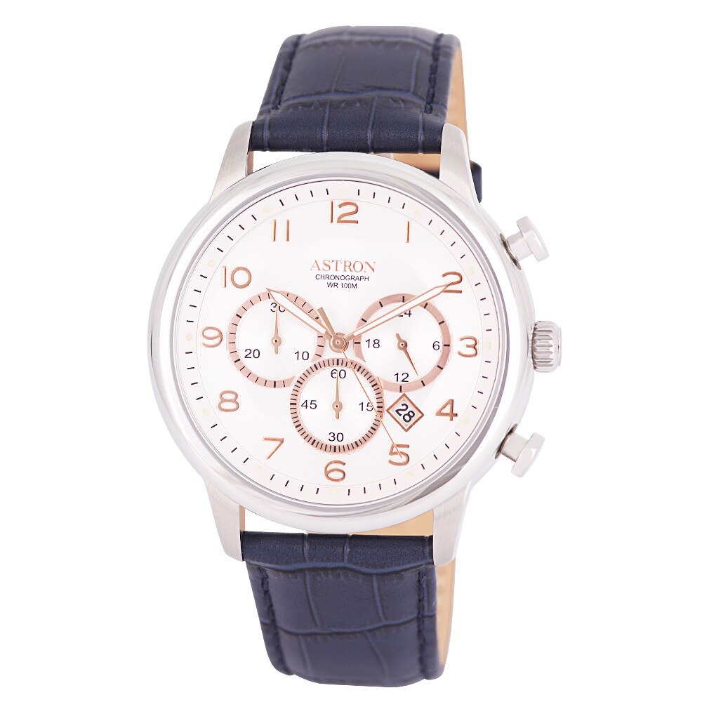 Ceas barbatesc ASTRON, mecanism quartz, carcasa argintie, curea albastra, cadran argintiu, 45 mm