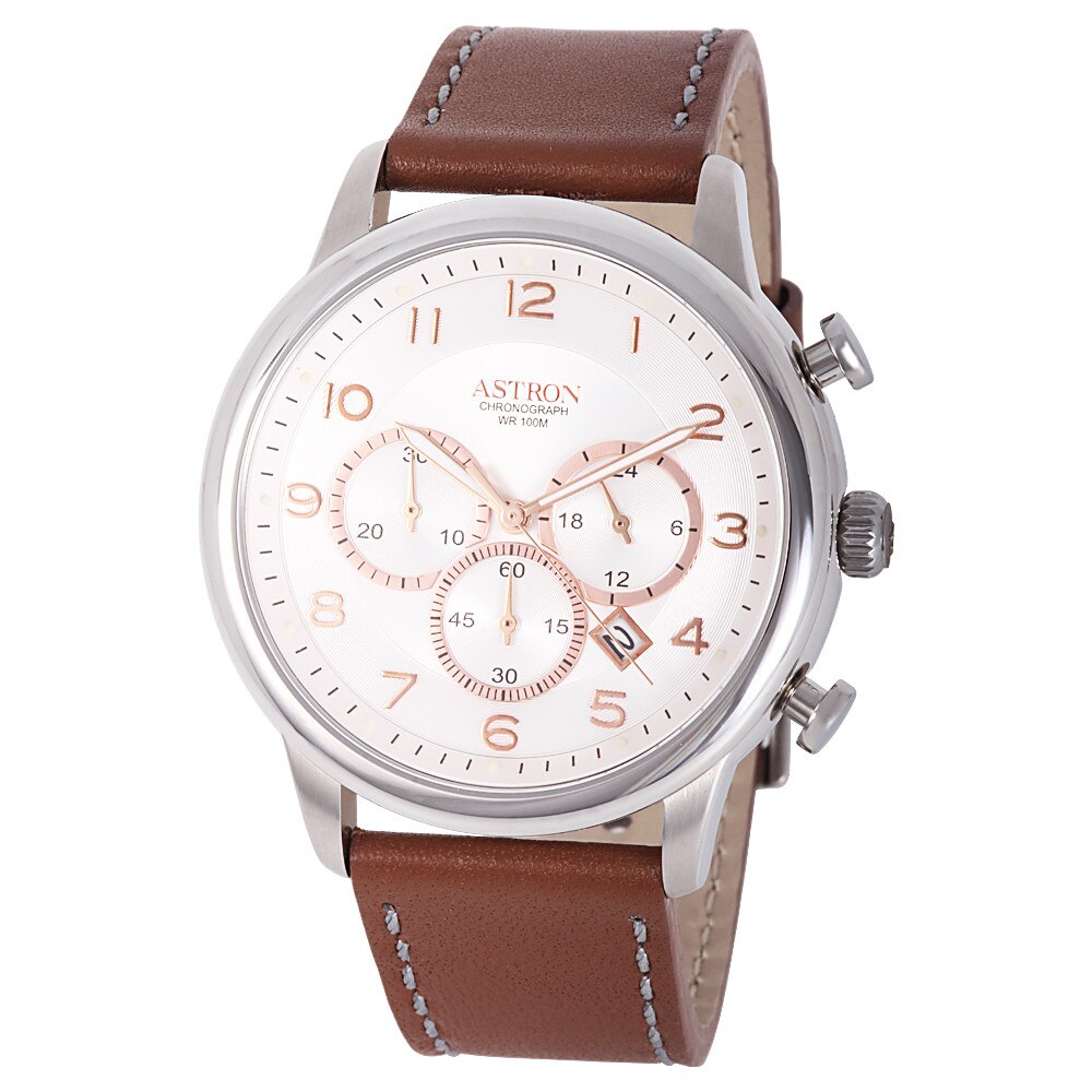 Ceas barbatesc ASTRON, mecanism quartz, curea, carcasa argintie, curea maro, cadran argintiu, 45 mm
