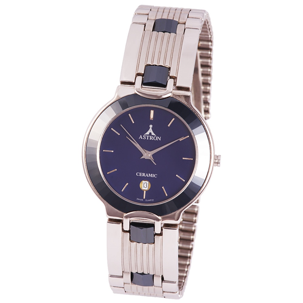 Ceas barbatesc ASTRON, mecanism quartz, carcasa si bratara albastra-argintie, ornament de ceramica, 32 mm