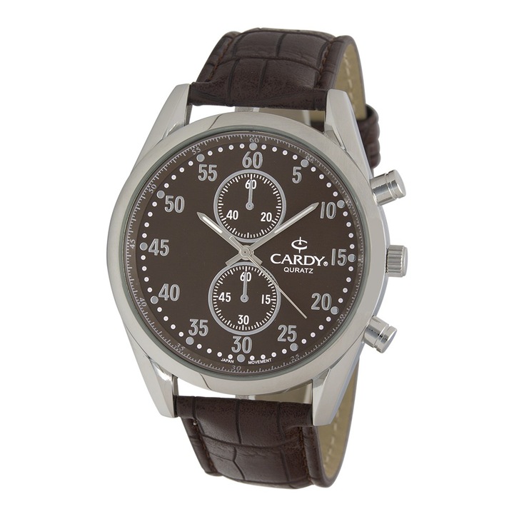 Ceas de barbati CARDY, argintiu, curea piele, 44 mm