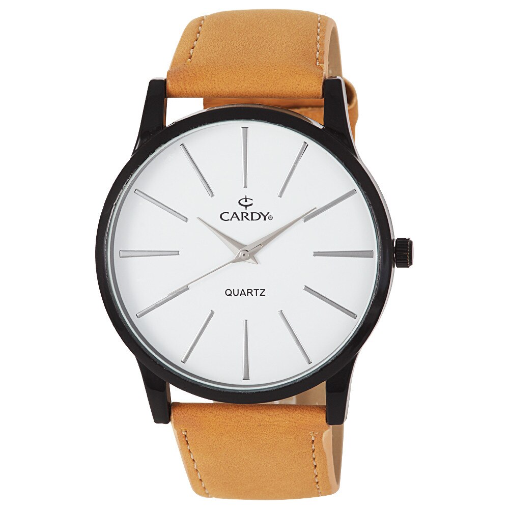 Ceas barbatesc, CARDY, mecanism quartz, carcasa neagra, curea maro, cadran alb, 44 mm