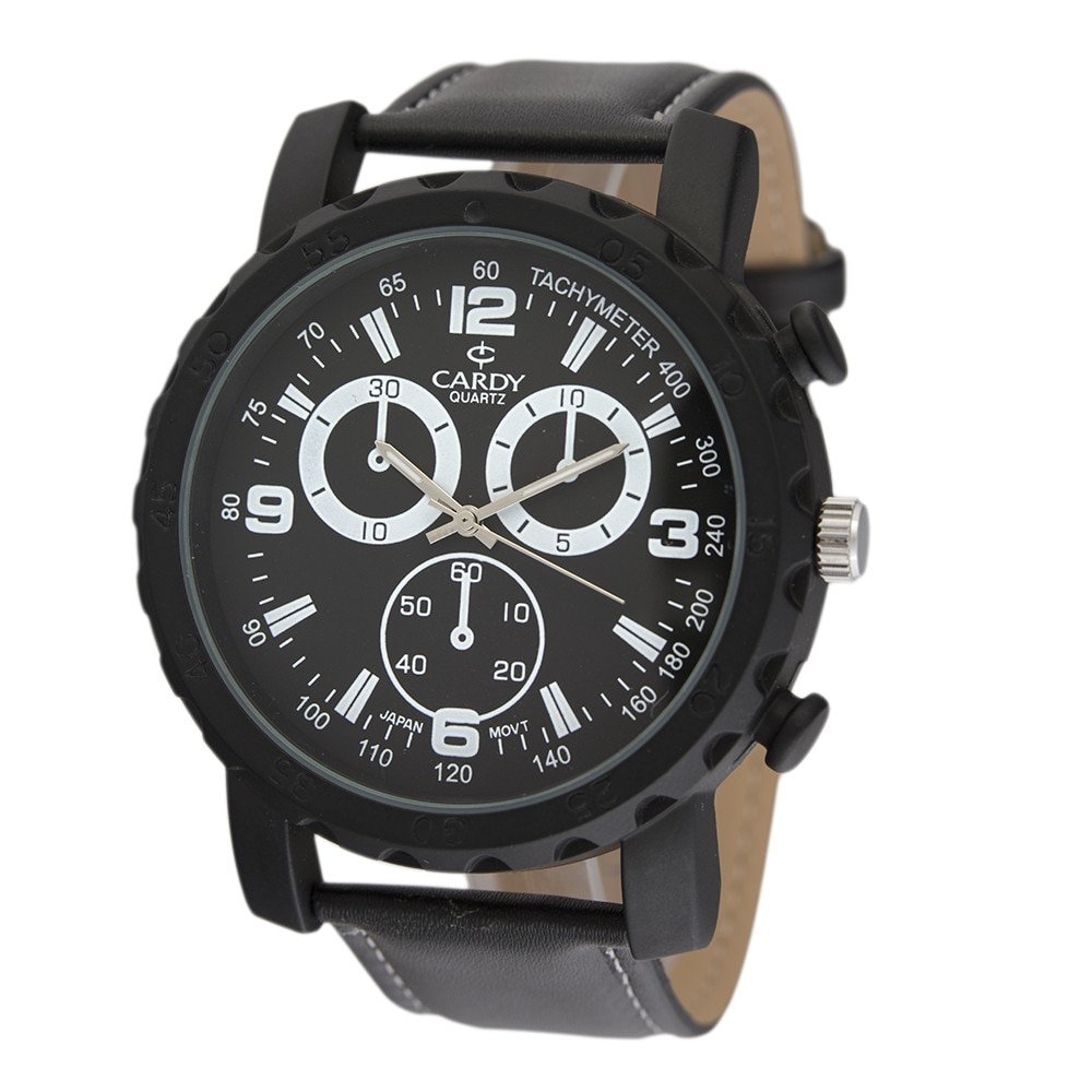 Ceas de barbati, CARDY, negru, curea piele, 52 mm