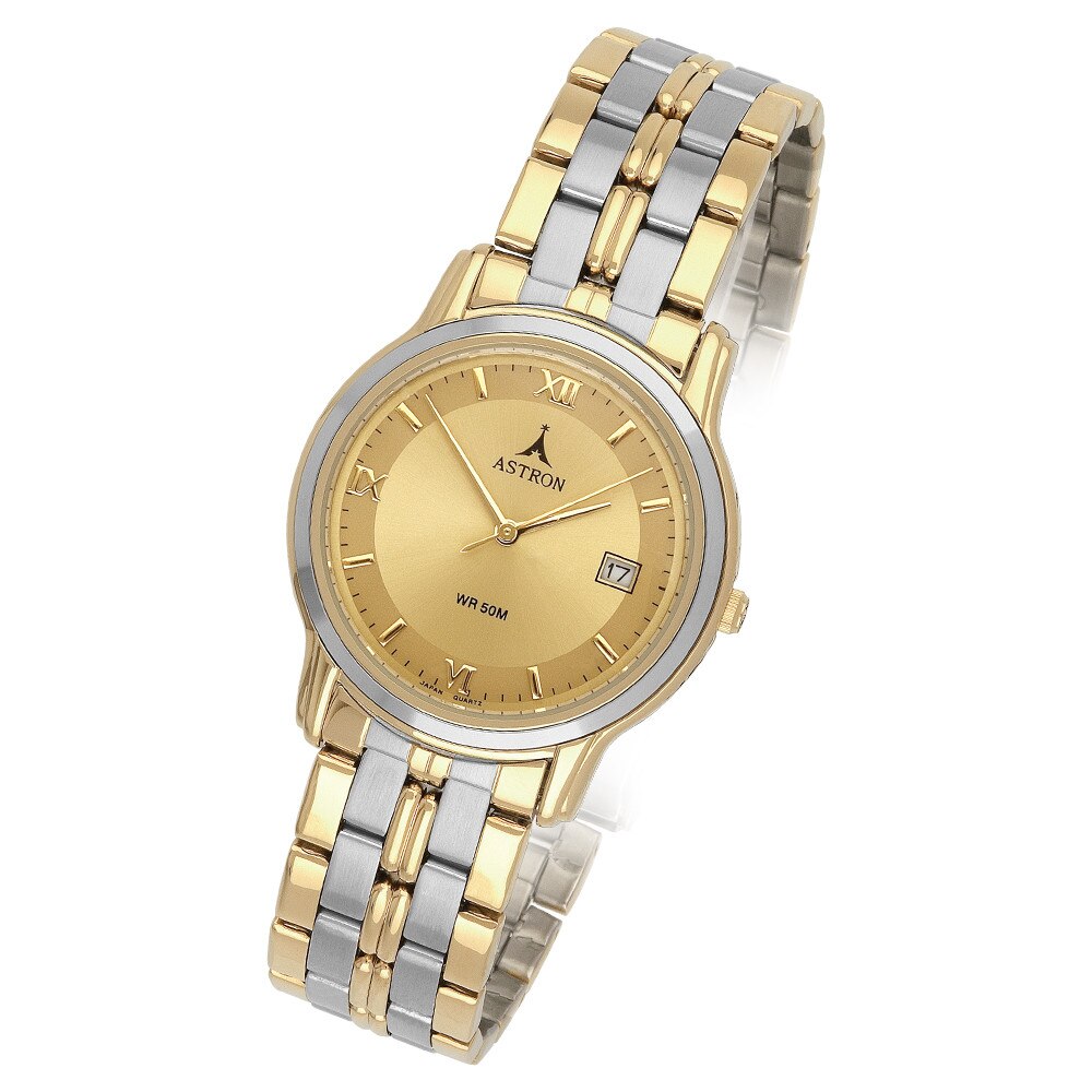 Ceas barbatesc ASTRON, mecanism quartz, carcasa si bratara bicolor, cadran auriu, 34 mm