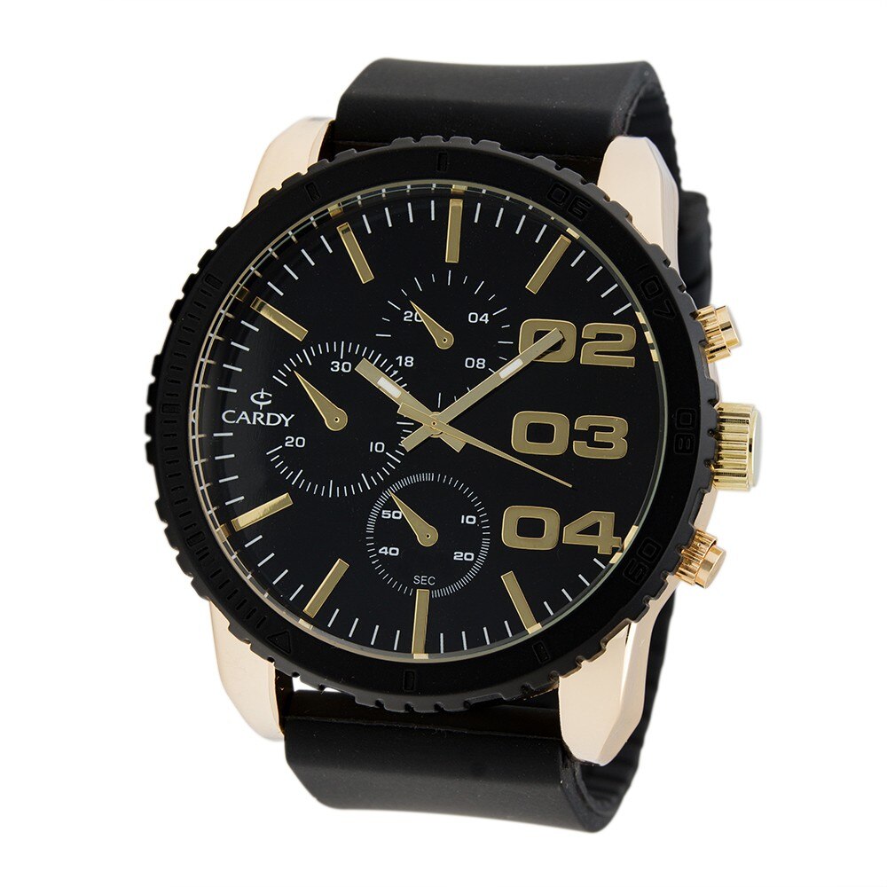 Ceas de barbati, Cardy 2655-6, cu curea din silicon, carcasa auriu, cadran negru, 52 mm