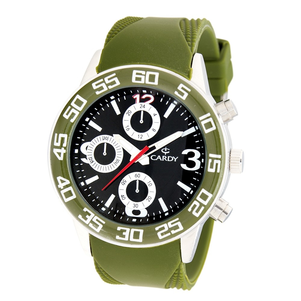Ceas de barbati, Cardy 2657-8, cu curea verde din silicon, carcasa argintiu, cadran negru, 44 mm