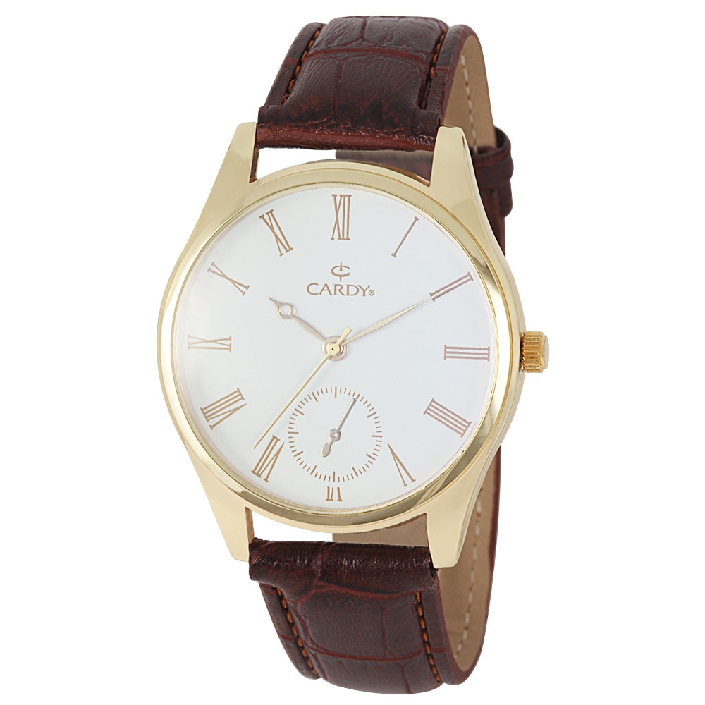 Ceas barbatesc, CARDY, mecanism quartz, carcasa aurie, curea maro, cadran alb, 40 mm