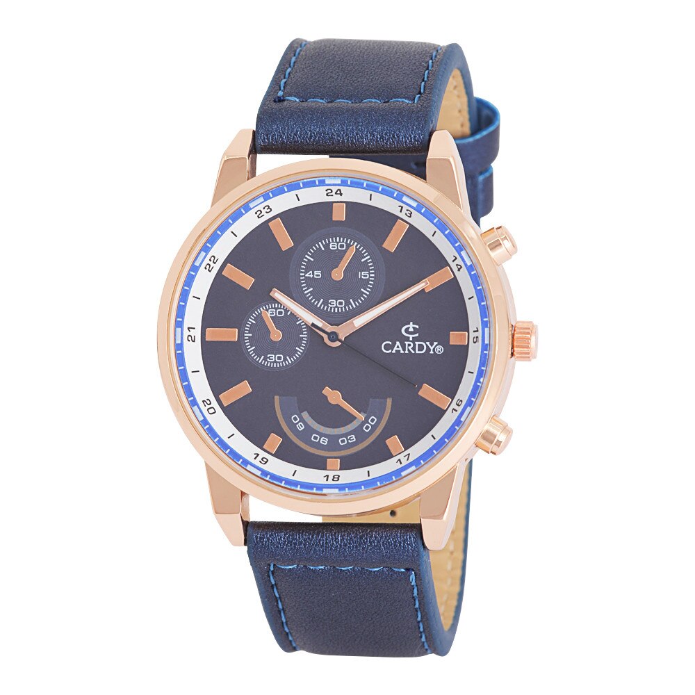 Ceas barbatesc, CARDY, mecanism quartz, curea albastra, carcasa culoare rosegold, cadran albastru, 44 mm