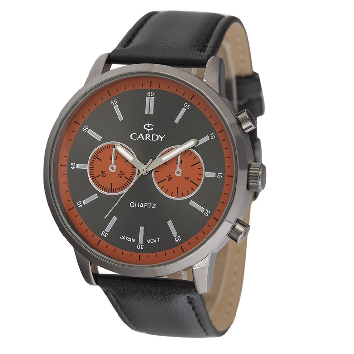 Ceas de barbati, CARDY, culoare cenusie, curea piele, 50 mm