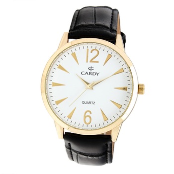 Ceas de barbati, Cardy 2655-5, cu curea neagra din piele, carcasa auriu, cadran alb, 45 mm Ceas de barbati, Cardy 2655-5, cu curea neagra din piele, carcasa auriu, cadran alb, 45 mm