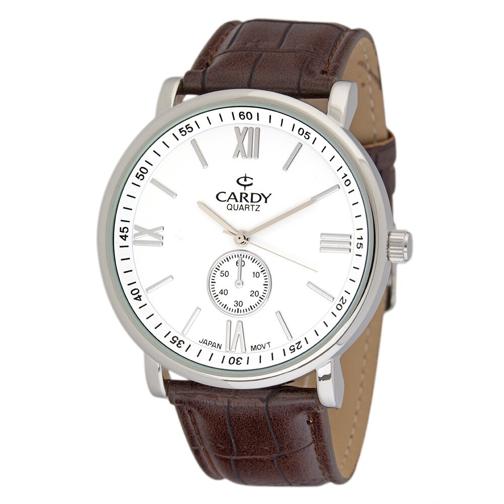 Ceas de barbati, CARDY, argintiu, curea piele, 48 mm