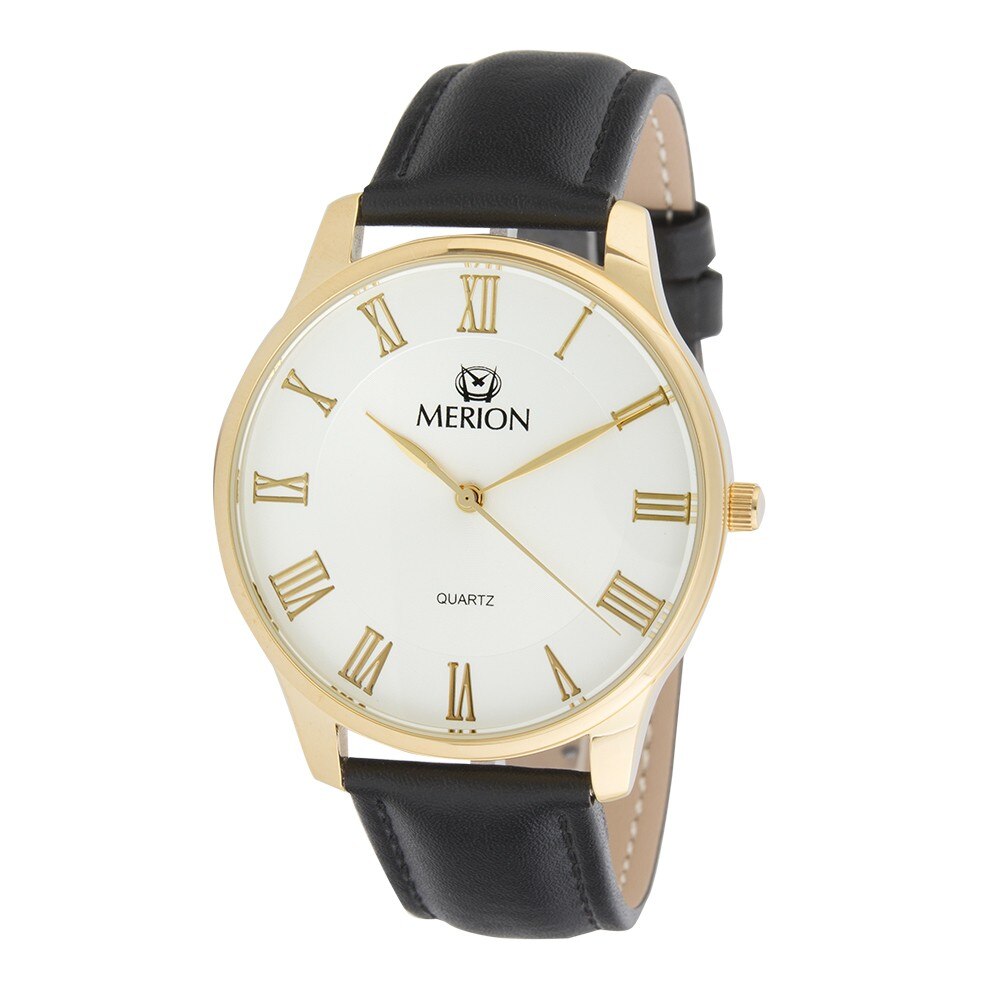 Ceas de barbati, Merion, 3180-8, cu curea din piele, quartz, carcasa auriu, 41 mm