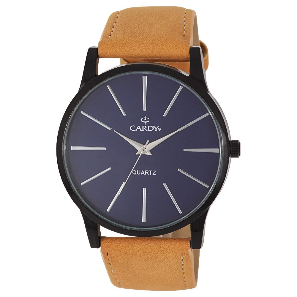 Ceas barbatesc, CARDY, mecanism quartz, carcasa neagra, curea maro, cadran albastru, 44 mm