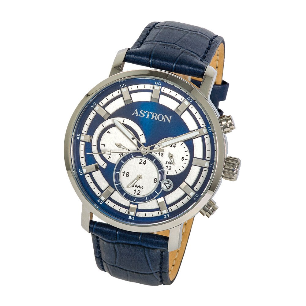 Ceas barbatesc ASTRON, mecanism quartz, carcasa argintie, curea albastra, cadran albastru, 48 mm