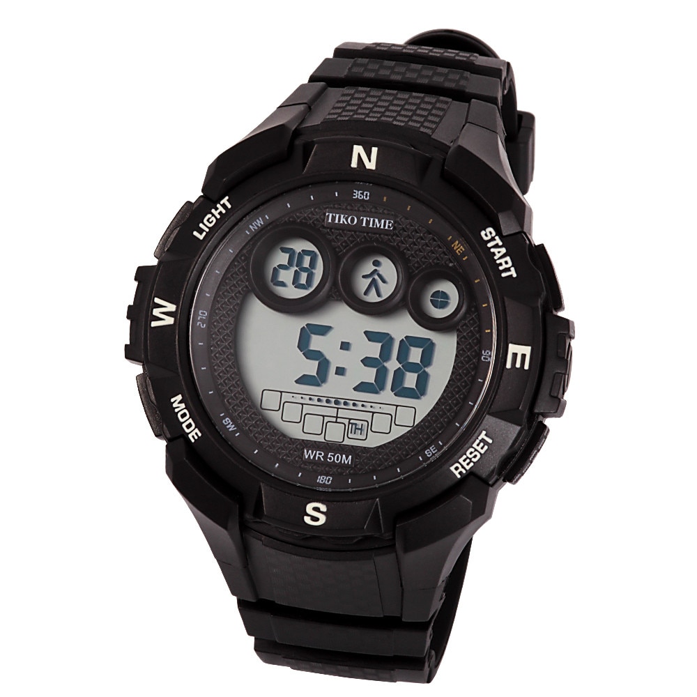 Ceas barbatesc Tiko Time, material plastic, mecanism quartz, carcasa si bratara neagra, afisaj LCD, 50 mm