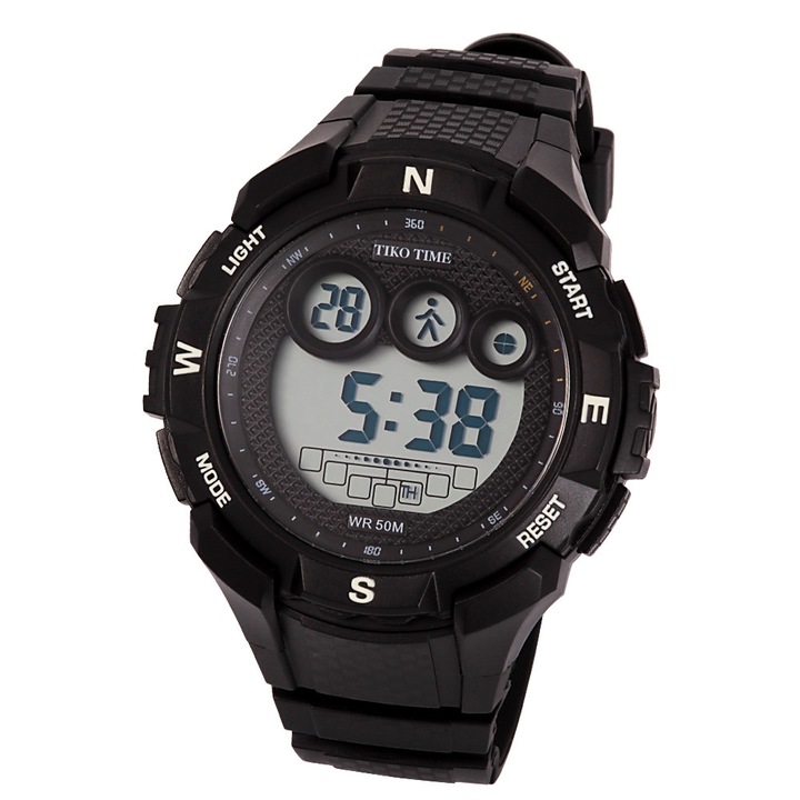 Ceas barbatesc Tiko Time, material plastic, mecanism quartz, carcasa si bratara neagra, afisaj LCD, 50 mm