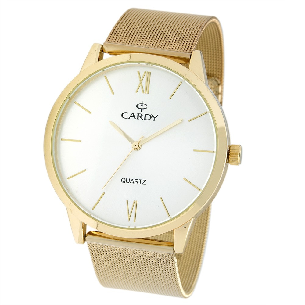 Ceas de barbati, Cardy 2657-3, cu bratara si carcasa auriu, cadran argintiu, 45 mm