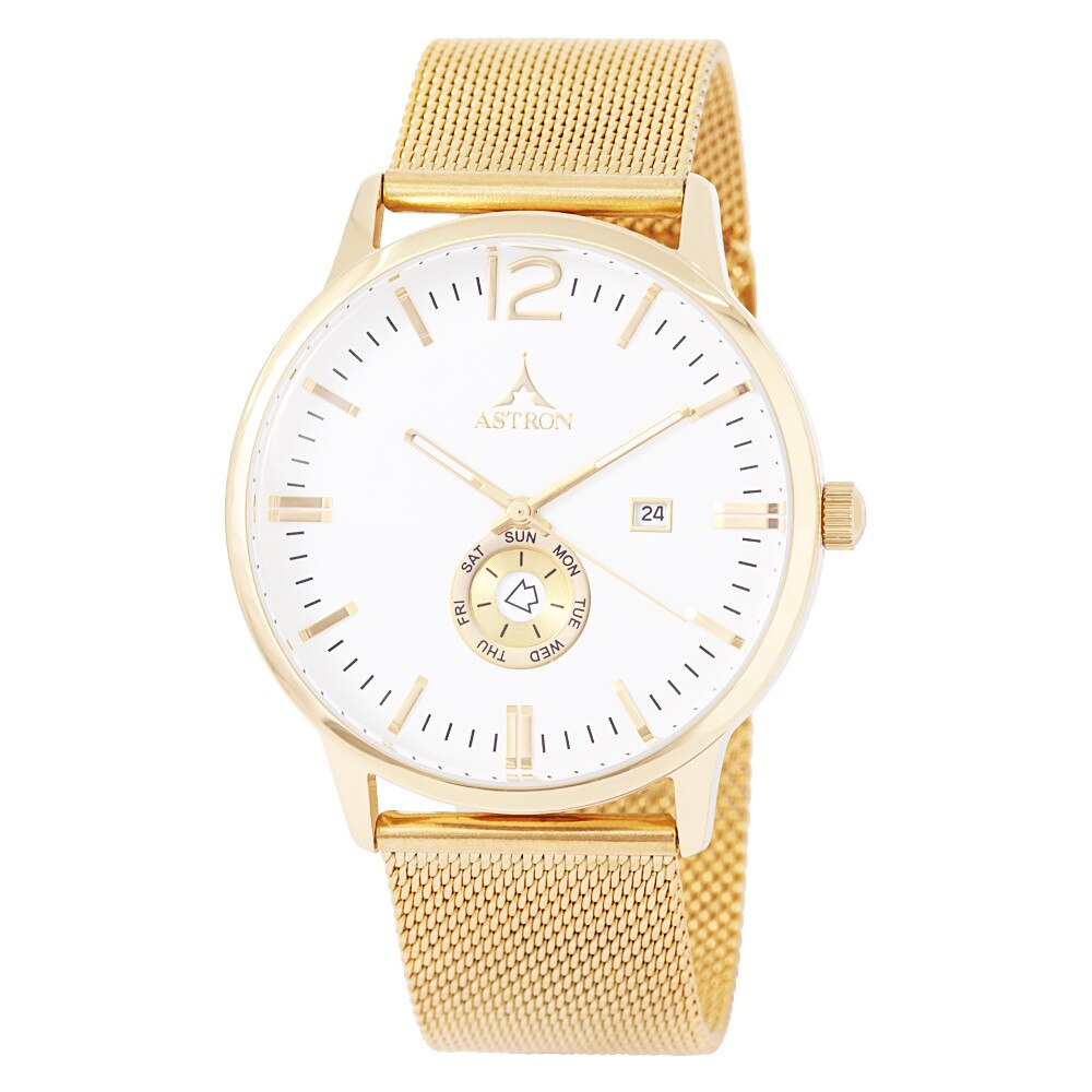Ceas barbatesc ASTRON, mecanism quartz, carcasa si bratara aurie, cadran alb, 43 mm