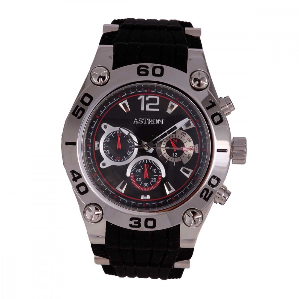 Ceas barbatesc ASTRON, curea silicon, mecanism quartz, carcasa argintie, 46 mm