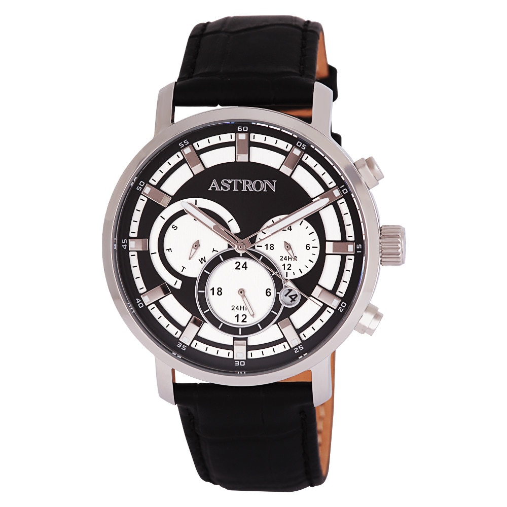 Ceas barbatesc ASTRON, mecanism quartz, carcasa argintie, curea neagra, cadran negru, 44 mm