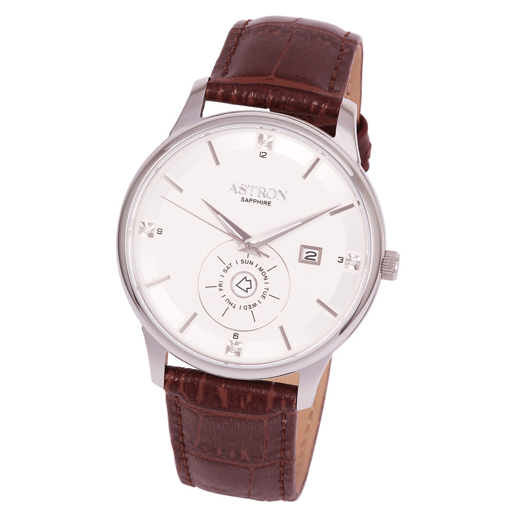 Ceas barbatesc ASTRON, mecanism quartz, carcasa argintie, curea maro, cadran alb, 40 mm