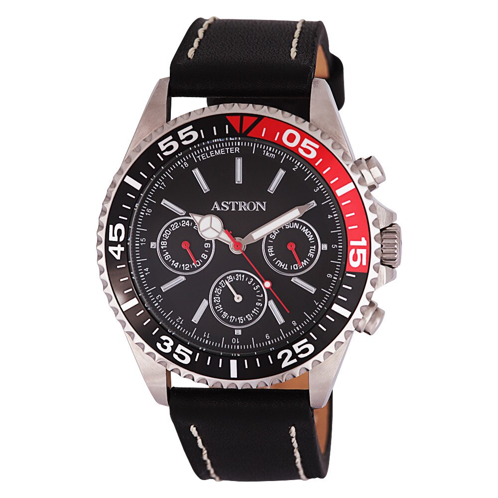 Ceas barbatesc ASTRON, mecanism quartz, carcasa argintie, curea neagra, cadran negru, 44 mm