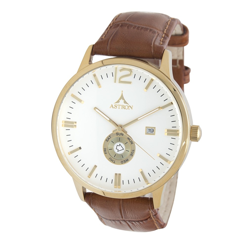 Ceas de barbati ASTRON, curea din piele, carcasa culoare aurie, 43 mm