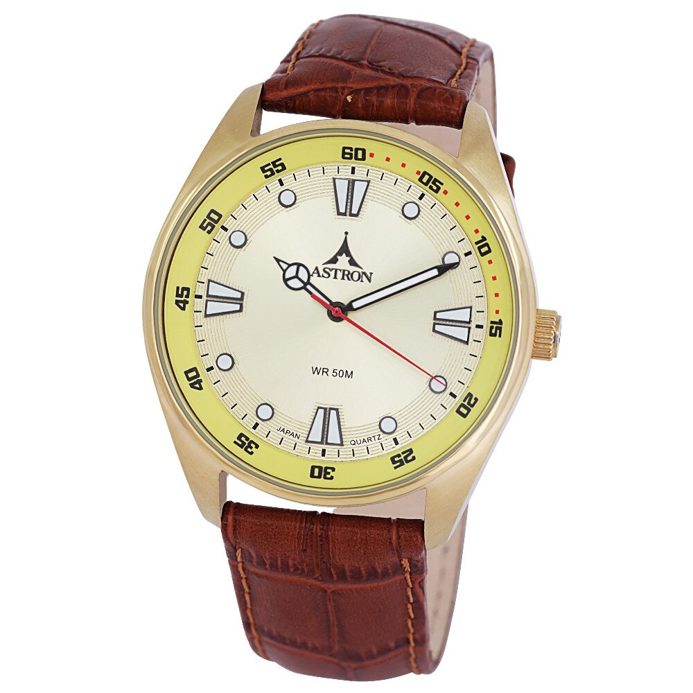 Ceas barbatesc ASTRON, mecanism quartz, carcasa aurie, curea maro, cadran auriu, 42 mm