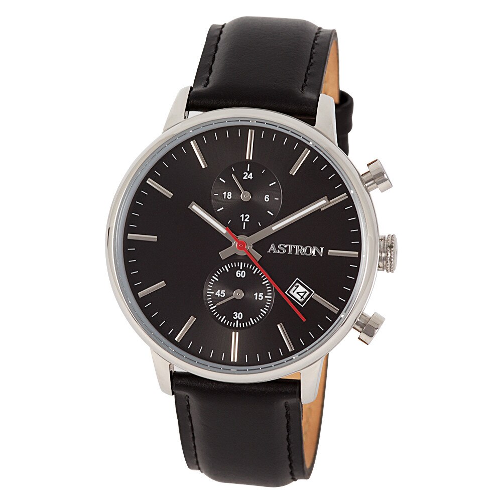 Ceas barbatesc ASTRON, mecanism quartz, carcasa argintie, curea neagra, cadran negru, 42 mm