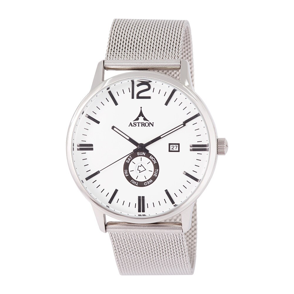 Ceas barbatesc ASTRON, mecanism quartz, carcasa si bratara argintie, cadran alb, 43 mm