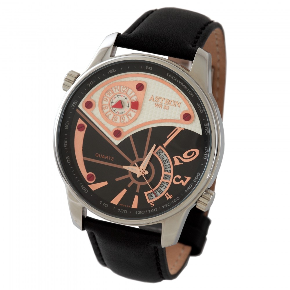 Ceas de barbati ASTRON, curea din piele, carcasa argintie, 46 mm