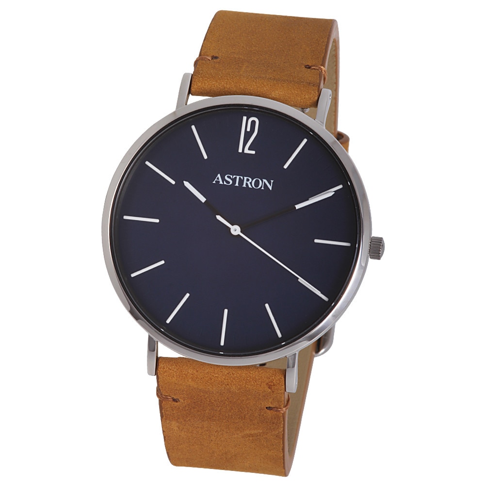 Ceas barbatesc ASTRON, mecanism quartz, carcasa argintie, curea maro, cadran albastru, 41 mm