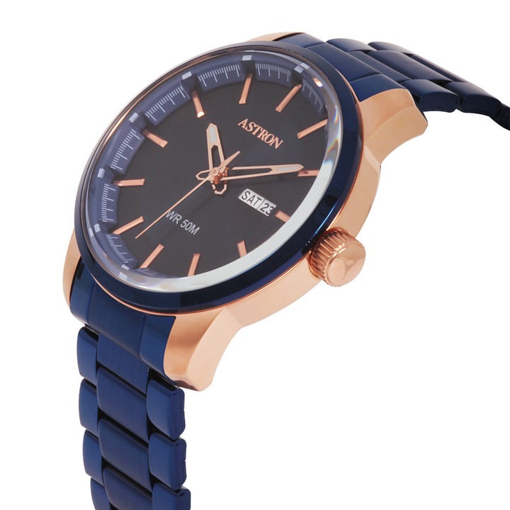 Ceas barbatesc ASTRON, mecanism quartz, carcasa bicolor, bratara albastra, cadran albastru, 45 mm