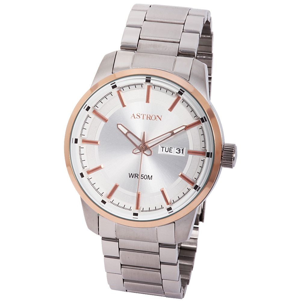 Ceas barbatesc ASTRON, mecanism quartz, carcasa bicolor, bratara argintie, cadran argintiu, 45 mm