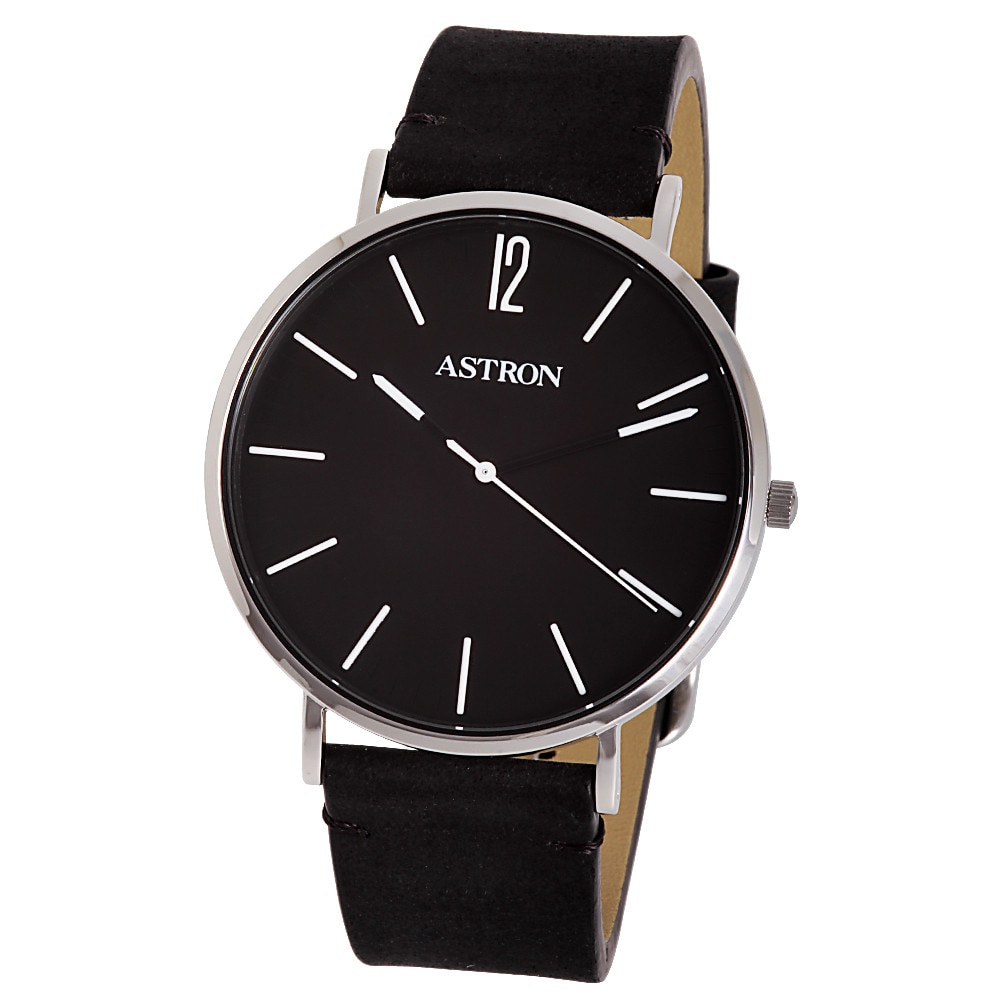Ceas barbatesc ASTRON, mecanism quartz, carcasa argintie, curea neagra, cadran negru, 41 mm