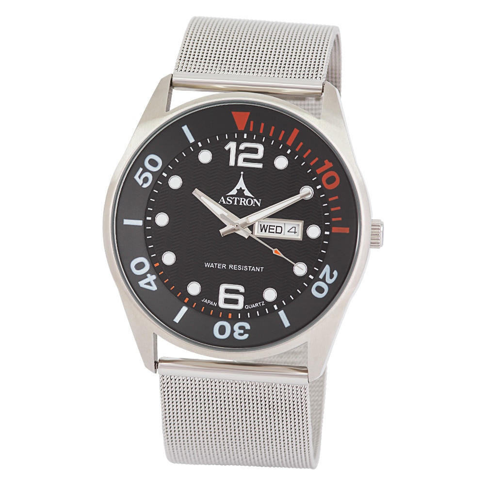 Ceas barbatesc ASTRON, mecanism quartz, carcasa si bratara argintie, cadran negru, 47 mm